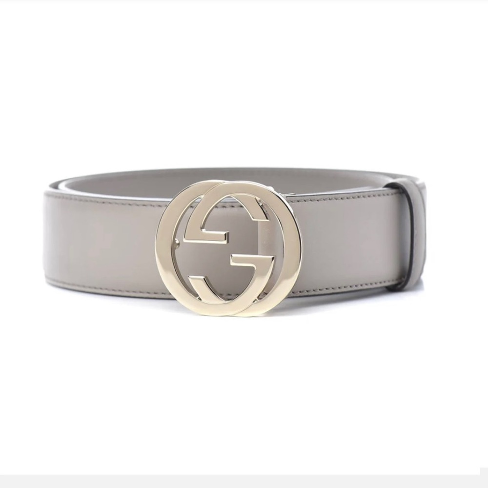 Gucci Storm Grey Leather Interlocking GG buckle 80/32 Belt 546386